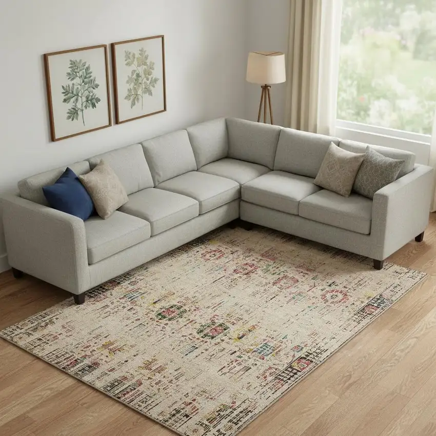 Beige Red And Pink Oriental Washable Area Rug With UV Protection Photo 2