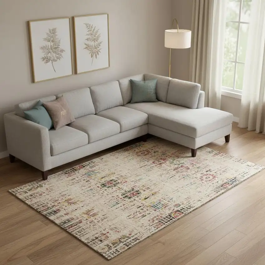 Beige Red And Pink Oriental Washable Area Rug With UV Protection Photo 2