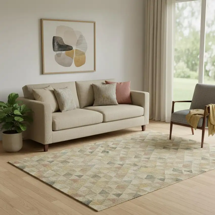 Beige Red And Salmon Geometric Washable Area Rug With UV Protection Photo 1