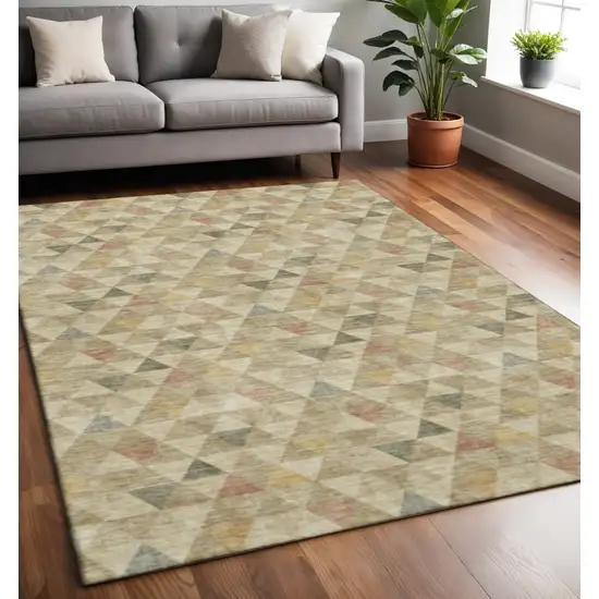 Beige Red And Salmon Geometric Washable Area Rug With UV Protection Photo 2
