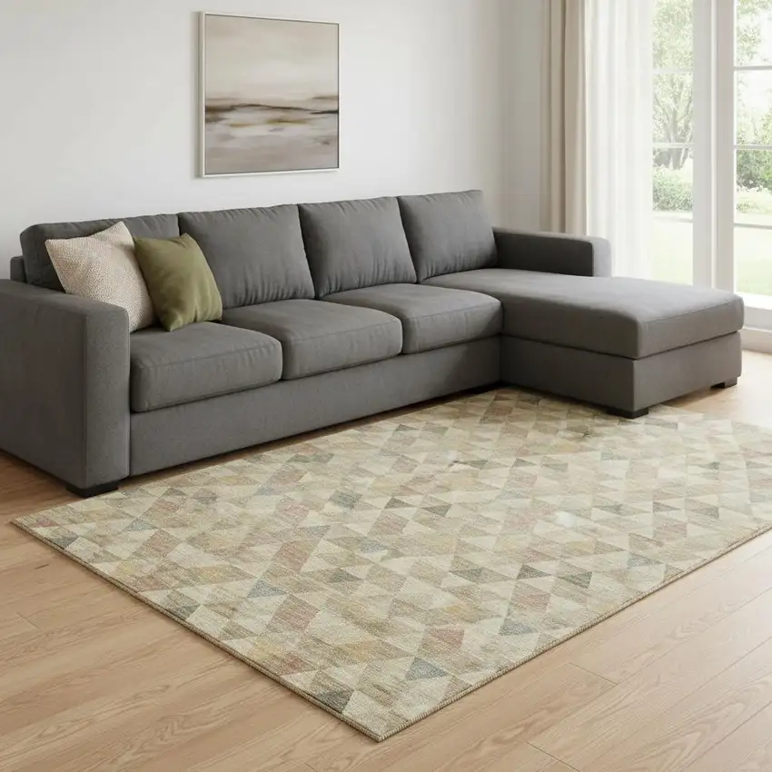 Beige Red And Salmon Geometric Washable Area Rug With UV Protection Photo 1