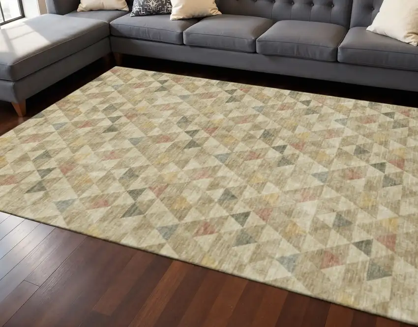 Beige Red And Salmon Geometric Washable Area Rug With UV Protection Photo 2