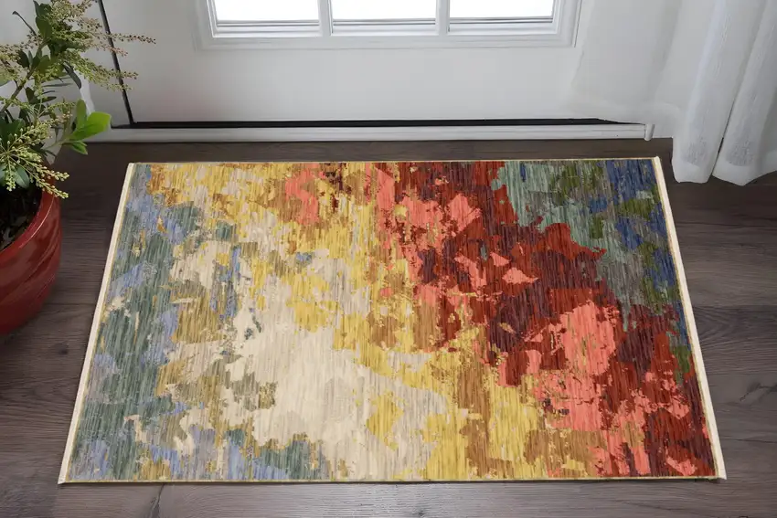 Beige Red And Yellow Abstract Area Rug With Fringe Photo 1