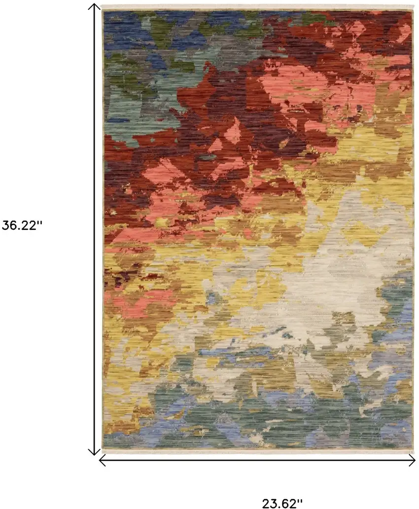 Beige Red And Yellow Abstract Area Rug With Fringe Photo 3