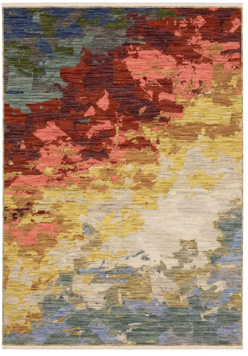 Beige Red And Yellow Abstract Area Rug With Fringe Photo 2
