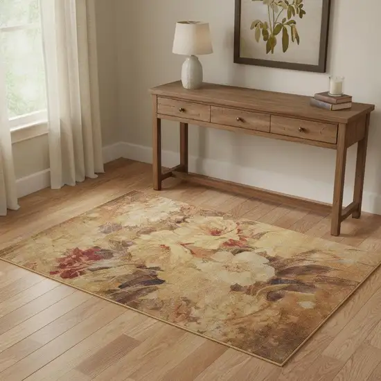 Beige Red And Yellow Floral Non Skid Area Rug Photo 1