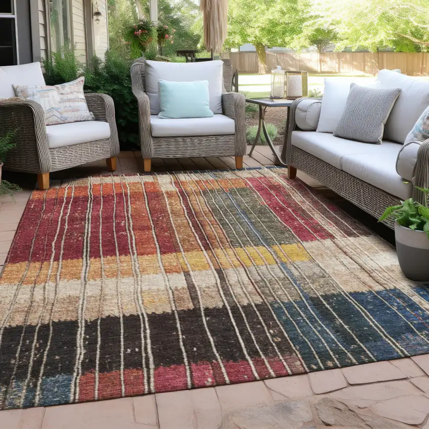 Beige Red And Yellow Striped Washable Indoor Outdoor Area Rug Photo 4