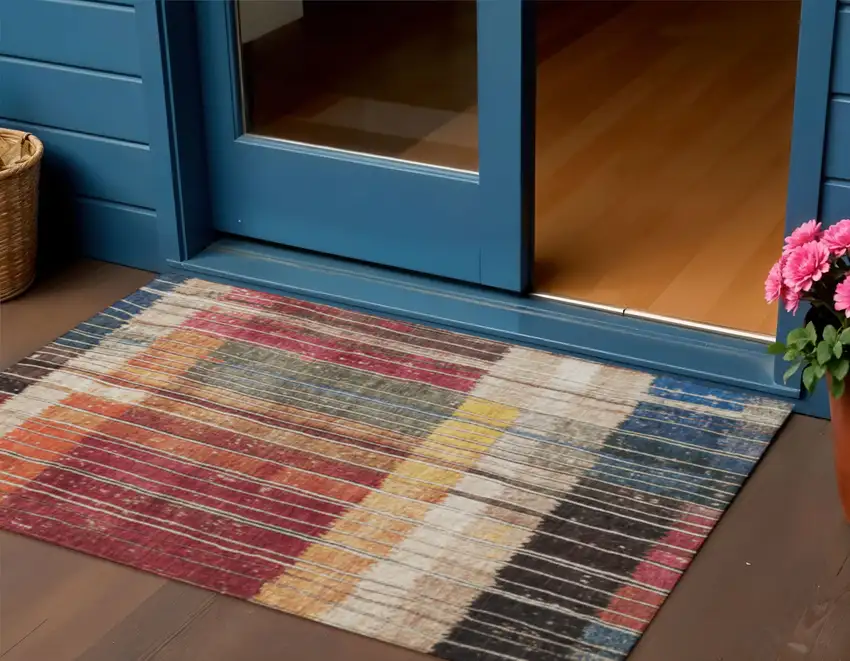 Beige Red And Yellow Striped Washable Indoor Outdoor Area Rug Photo 2