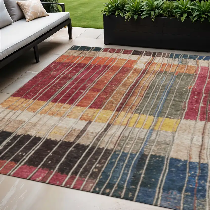 Beige Red And Yellow Striped Washable Indoor Outdoor Area Rug Photo 2