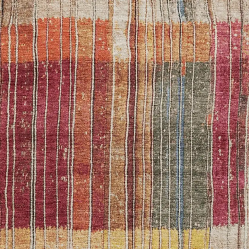 Beige Red And Yellow Striped Washable Indoor Outdoor Area Rug Photo 6