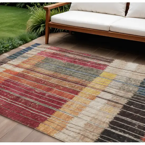 Beige Red And Yellow Striped Washable Indoor Outdoor Area Rug Photo 2