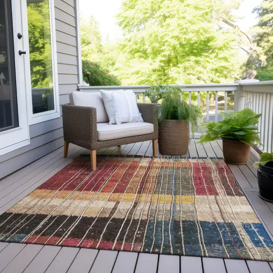 Beige Red And Yellow Striped Washable Indoor Outdoor Area Rug Photo 6