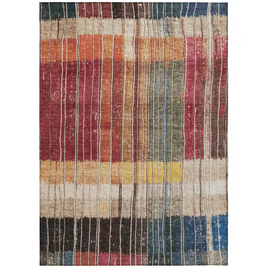 Beige Red And Yellow Striped Washable Indoor Outdoor Area Rug Photo 7