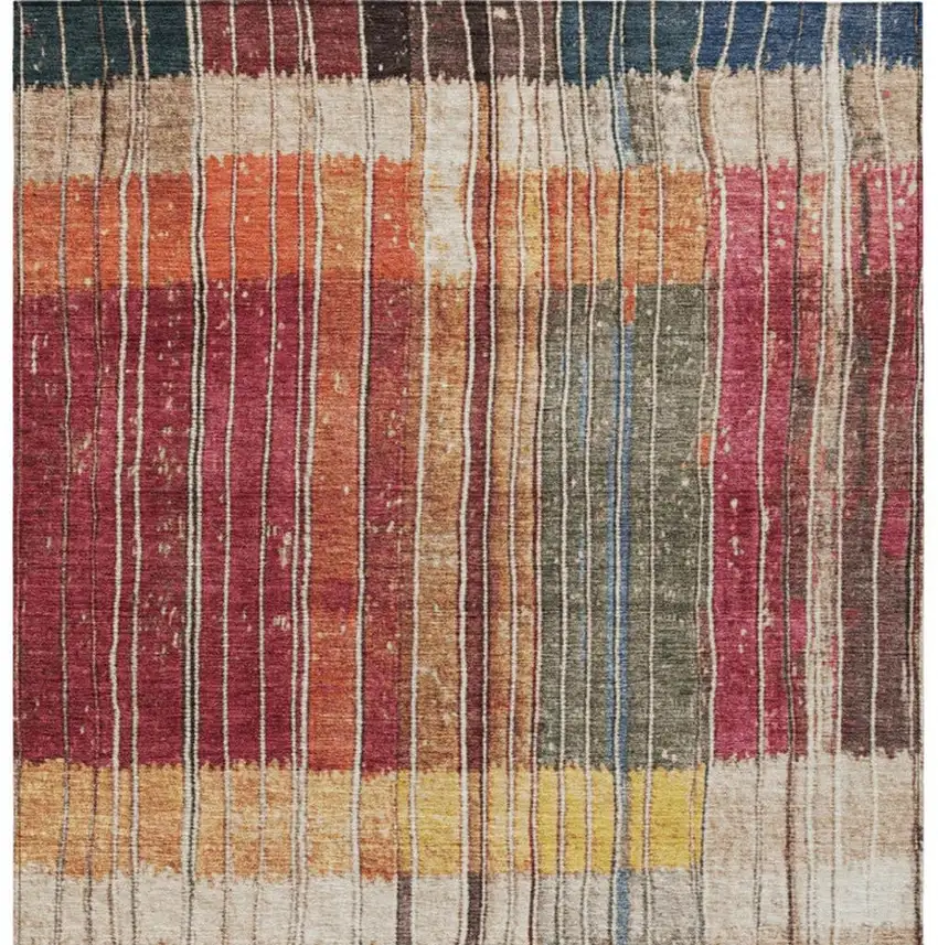 Beige Red And Yellow Striped Washable Indoor Outdoor Area Rug Photo 1