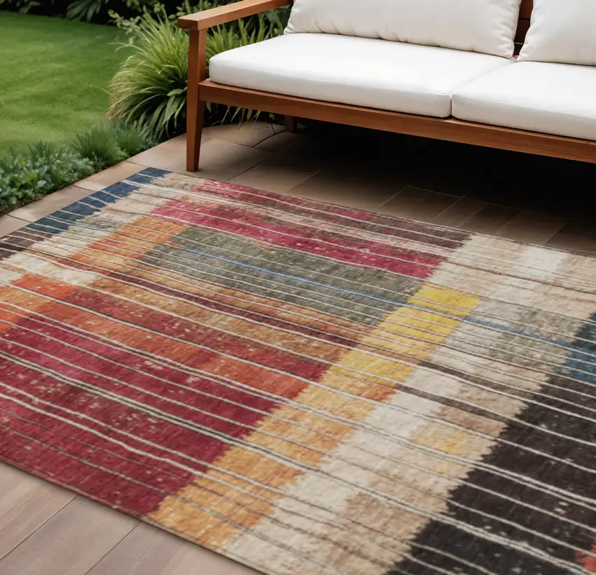 Beige Red And Yellow Striped Washable Indoor Outdoor Area Rug Photo 2