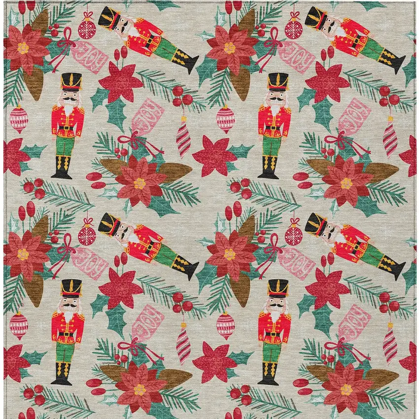 Beige Red Black Pink And Brown Floral Washable Indoor Outdoor Area Rug Photo 9