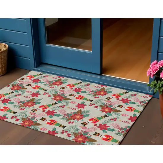 Beige Red Black Pink And Brown Floral Washable Indoor Outdoor Area Rug Photo 1