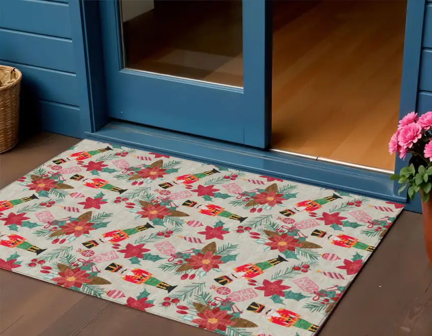 Beige Red Black Pink And Brown Floral Washable Indoor Outdoor Area Rug Photo 1