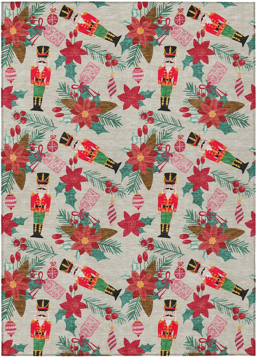 Beige Red Black Pink And Brown Floral Washable Indoor Outdoor Area Rug Photo 7