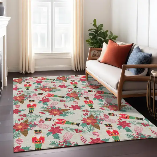 Beige Red Black Pink And Brown Floral Washable Indoor Outdoor Area Rug Photo 5