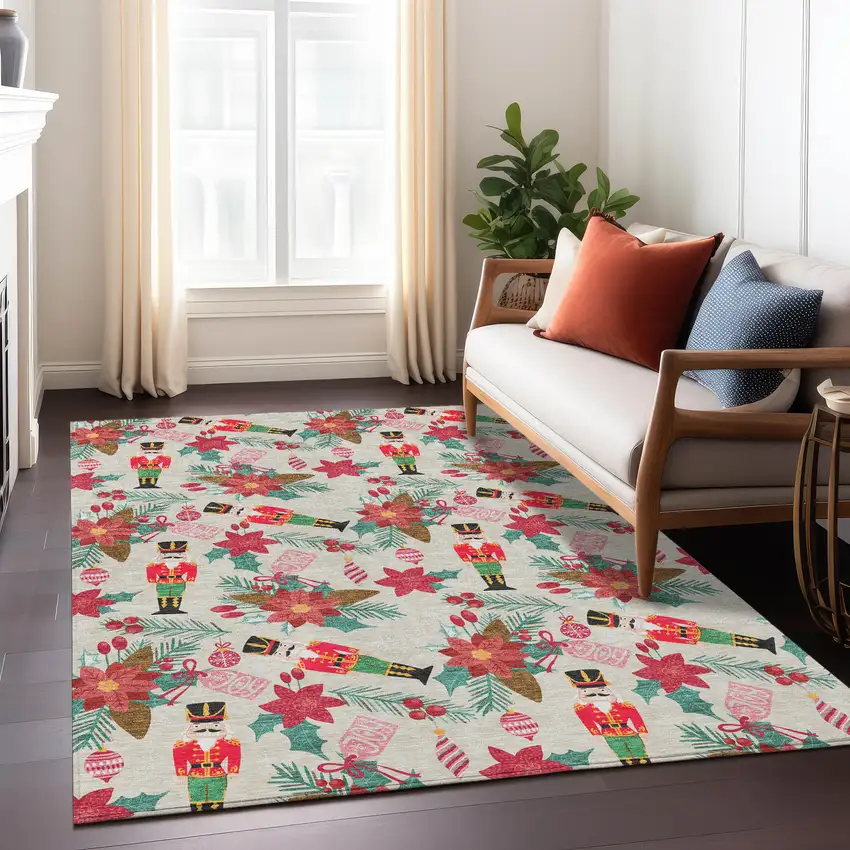 Beige Red Black Pink And Brown Floral Washable Indoor Outdoor Area Rug Photo 5