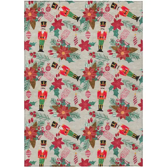 Beige Red Black Pink And Brown Floral Washable Indoor Outdoor Area Rug Photo 7