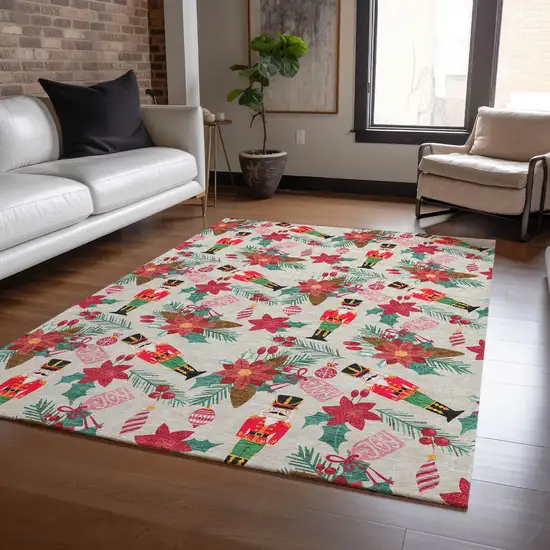 Beige Red Black Pink And Brown Floral Washable Indoor Outdoor Area Rug Photo 4