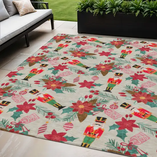Beige Red Black Pink And Brown Floral Washable Indoor Outdoor Area Rug Photo 1