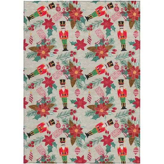 Beige Red Black Pink And Brown Floral Washable Indoor Outdoor Area Rug Photo 6