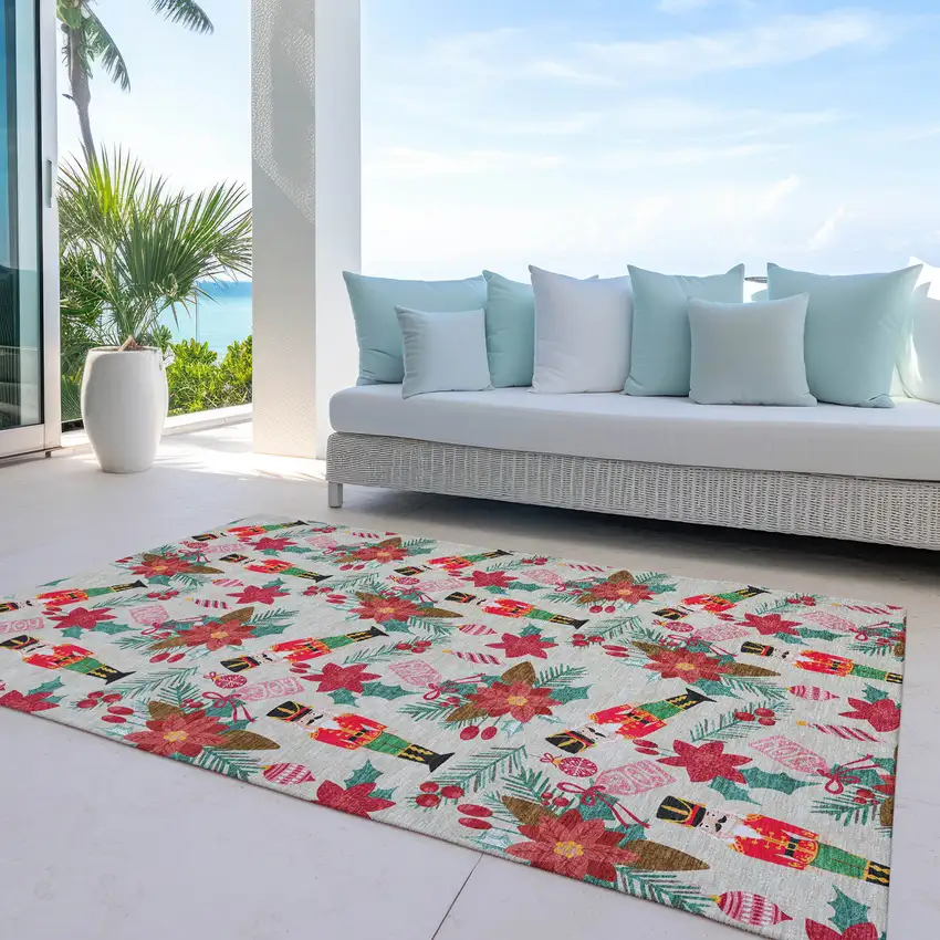 Beige Red Black Pink And Brown Floral Washable Indoor Outdoor Area Rug Photo 4