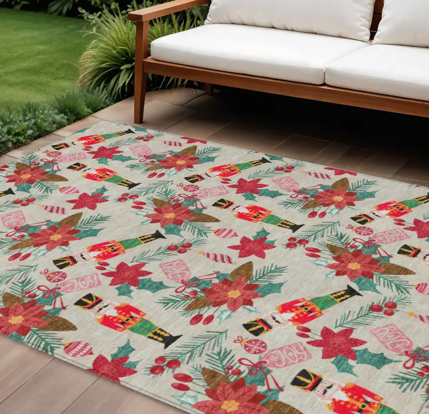 Beige Red Black Pink And Brown Floral Washable Indoor Outdoor Area Rug Photo 2