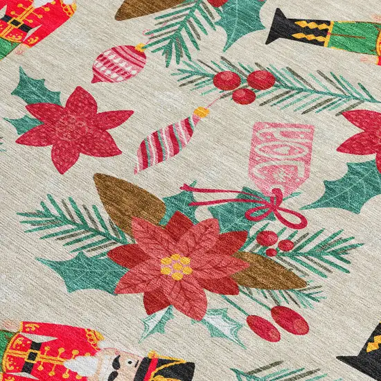 Beige Red Black Pink And Brown Floral Washable Indoor Outdoor Area Rug Photo 3