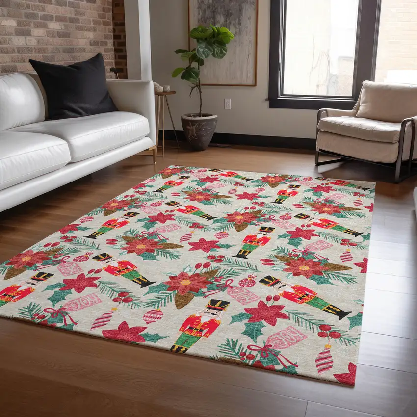 Beige Red Black Pink And Brown Floral Washable Indoor Outdoor Area Rug Photo 5