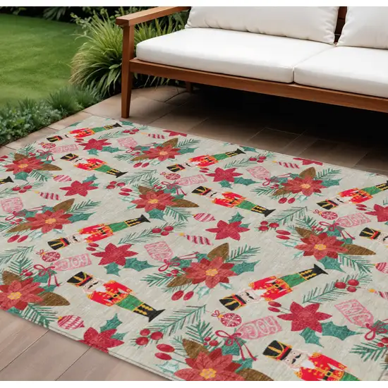 Beige Red Black Pink And Brown Floral Washable Indoor Outdoor Area Rug Photo 2