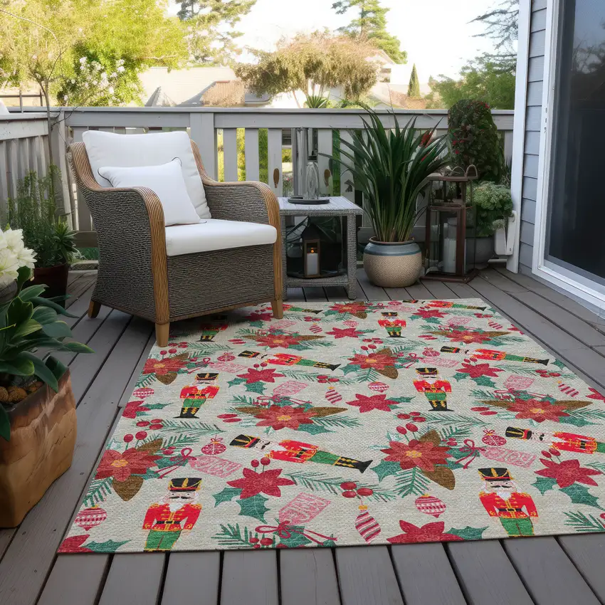 Beige Red Black Pink And Brown Floral Washable Indoor Outdoor Area Rug Photo 7