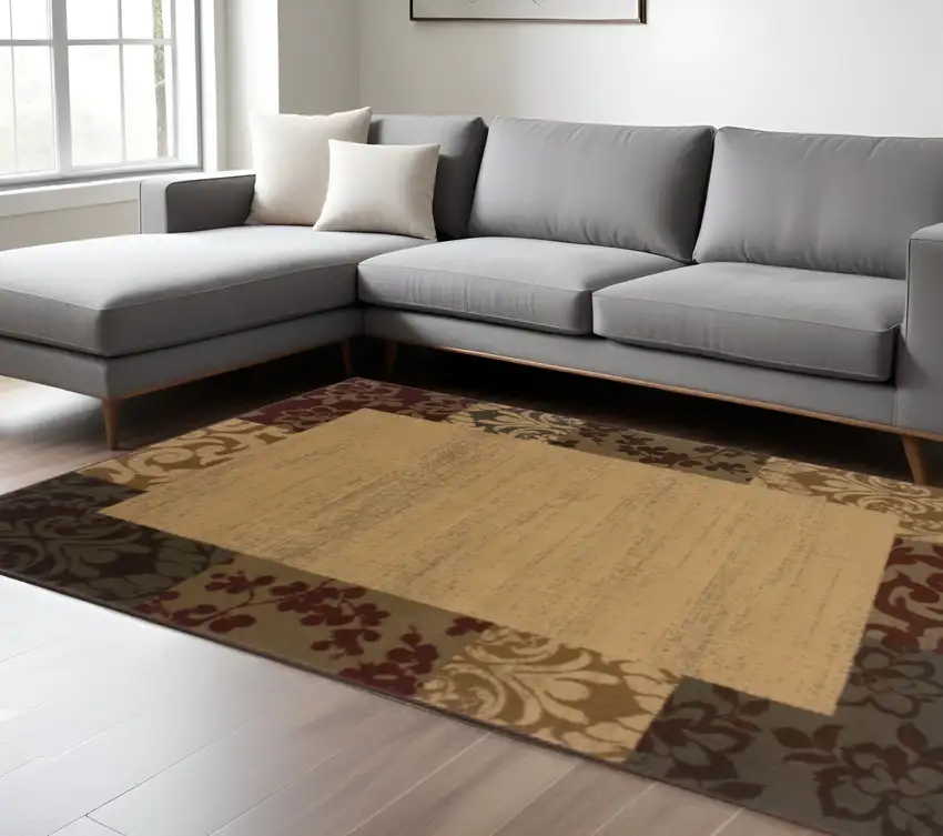 Beige Red Green Gold And Grey Abstract Power Loom Stain Resistant Area Rug Photo 1
