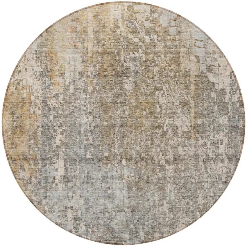 Beige Round Abstract Washable Non Skid Indoor Outdoor Area Rug Photo 4