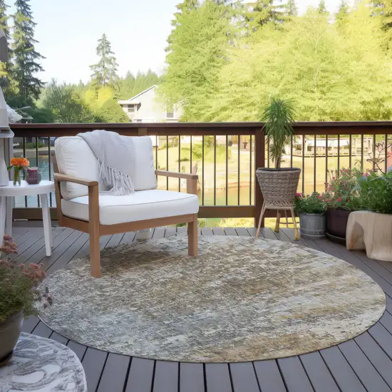 Beige Round Abstract Washable Non Skid Indoor Outdoor Area Rug Photo 5