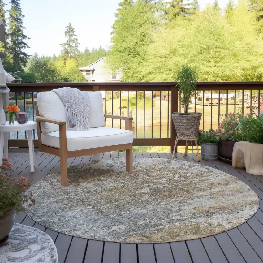 Beige Round Abstract Washable Non Skid Indoor Outdoor Area Rug Photo 5