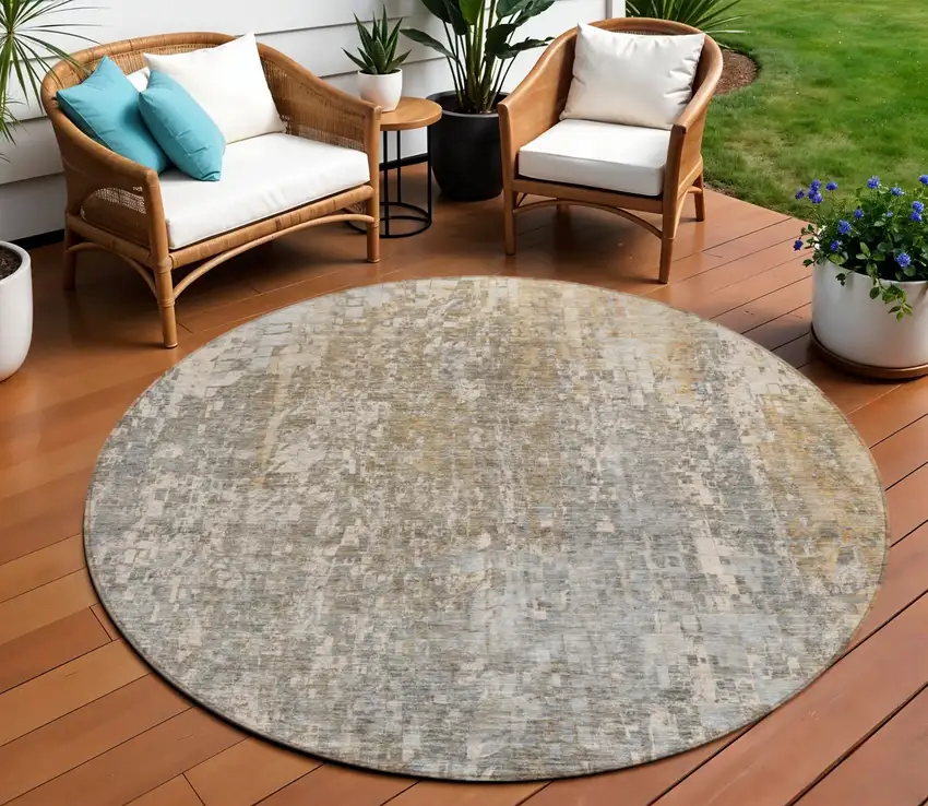 Beige Round Abstract Washable Non Skid Indoor Outdoor Area Rug Photo 1