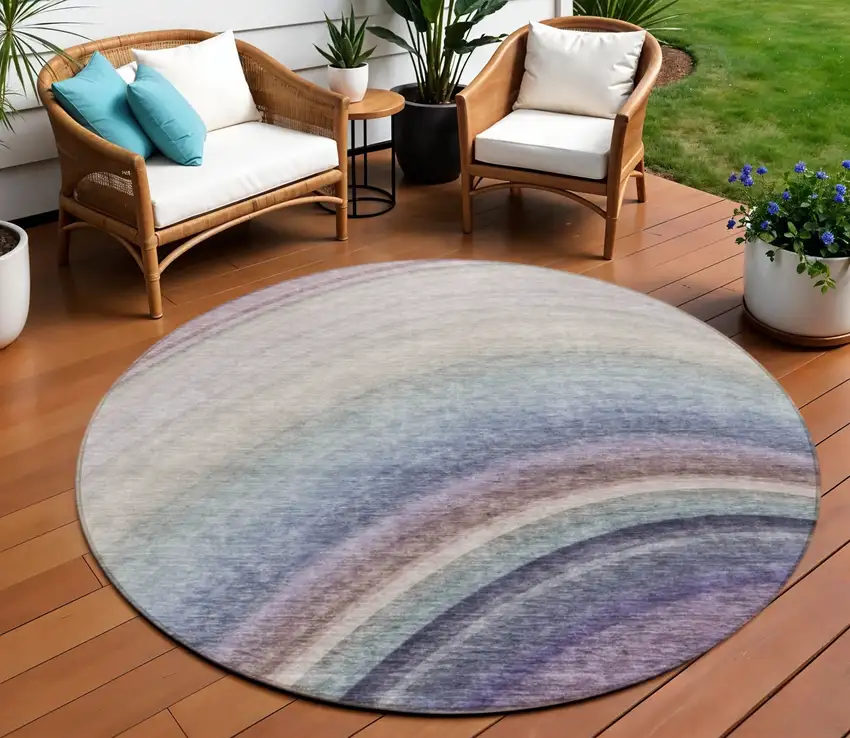 Beige Round Abstract Washable Non Skid Indoor Outdoor Area Rug Photo 1