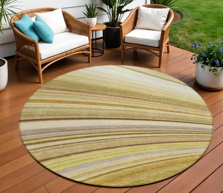 Beige Round Abstract Washable Non Skid Indoor Outdoor Area Rug Photo 1