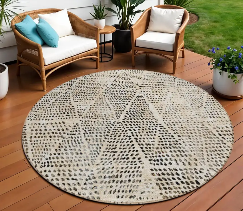 Beige Round Geometric Washable Non Skid Indoor Outdoor Area Rug Photo 1