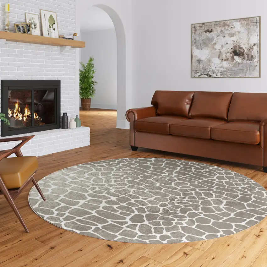 Beige Round Giraffe Print Shag Handmade Non Skid Area Rug Photo 1