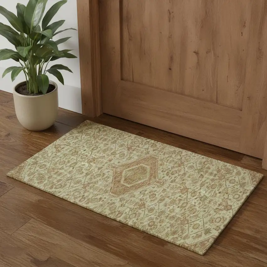 Beige Rust And Artichoke Green Floral Washable Area Rug With UV Protection Photo 1