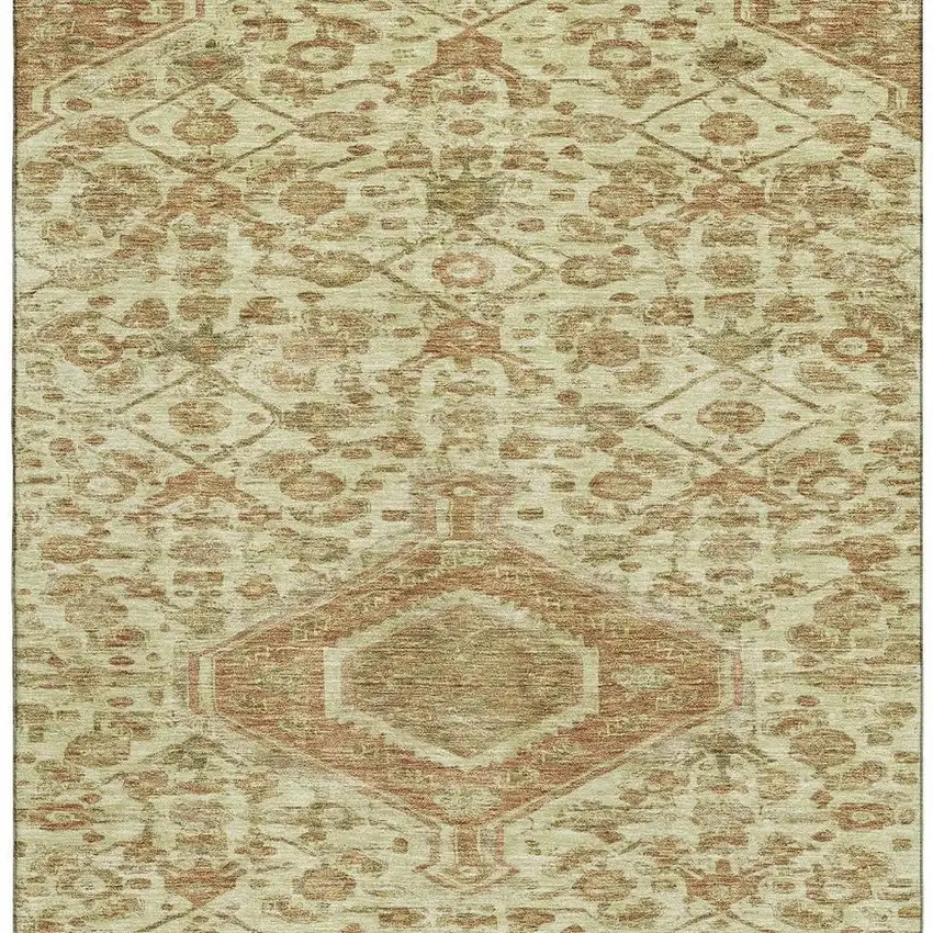 Beige Rust And Artichoke Green Floral Washable Area Rug With UV Protection Photo 4