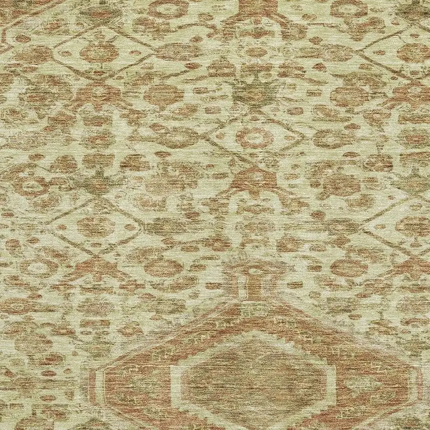 Beige Rust And Artichoke Green Floral Washable Area Rug With UV Protection Photo 3