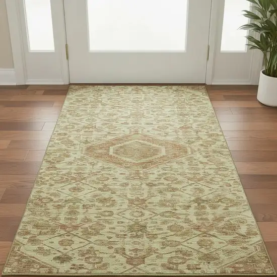 Beige Rust And Artichoke Green Floral Washable Area Rug With UV Protection Photo 2