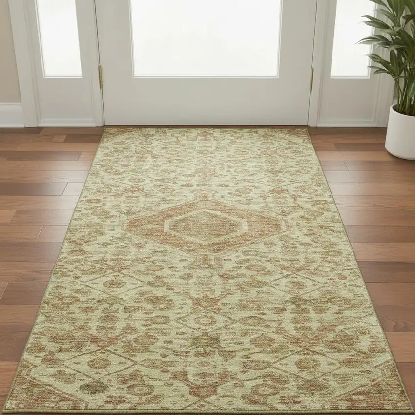 Beige Rust And Artichoke Green Floral Washable Area Rug With UV Protection Photo 2