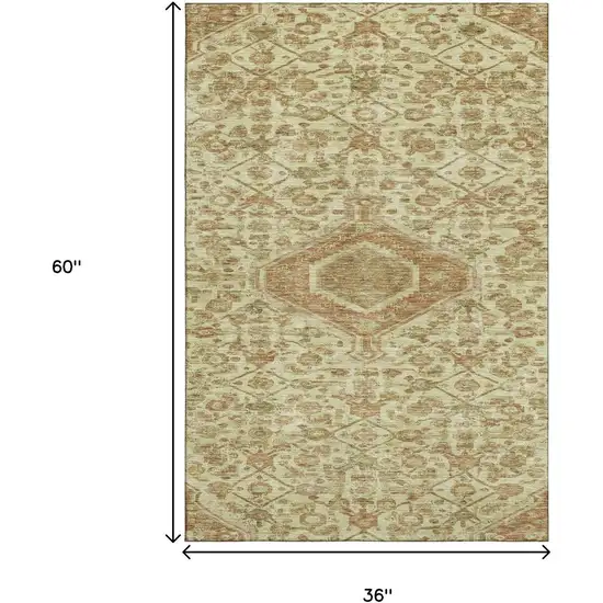 Beige Rust And Artichoke Green Floral Washable Area Rug With UV Protection Photo 3